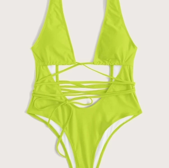 🤣SHEIN 💛Neon Lime Cutout 👀Front One Piece Swimsuit - Picture 3 of 13